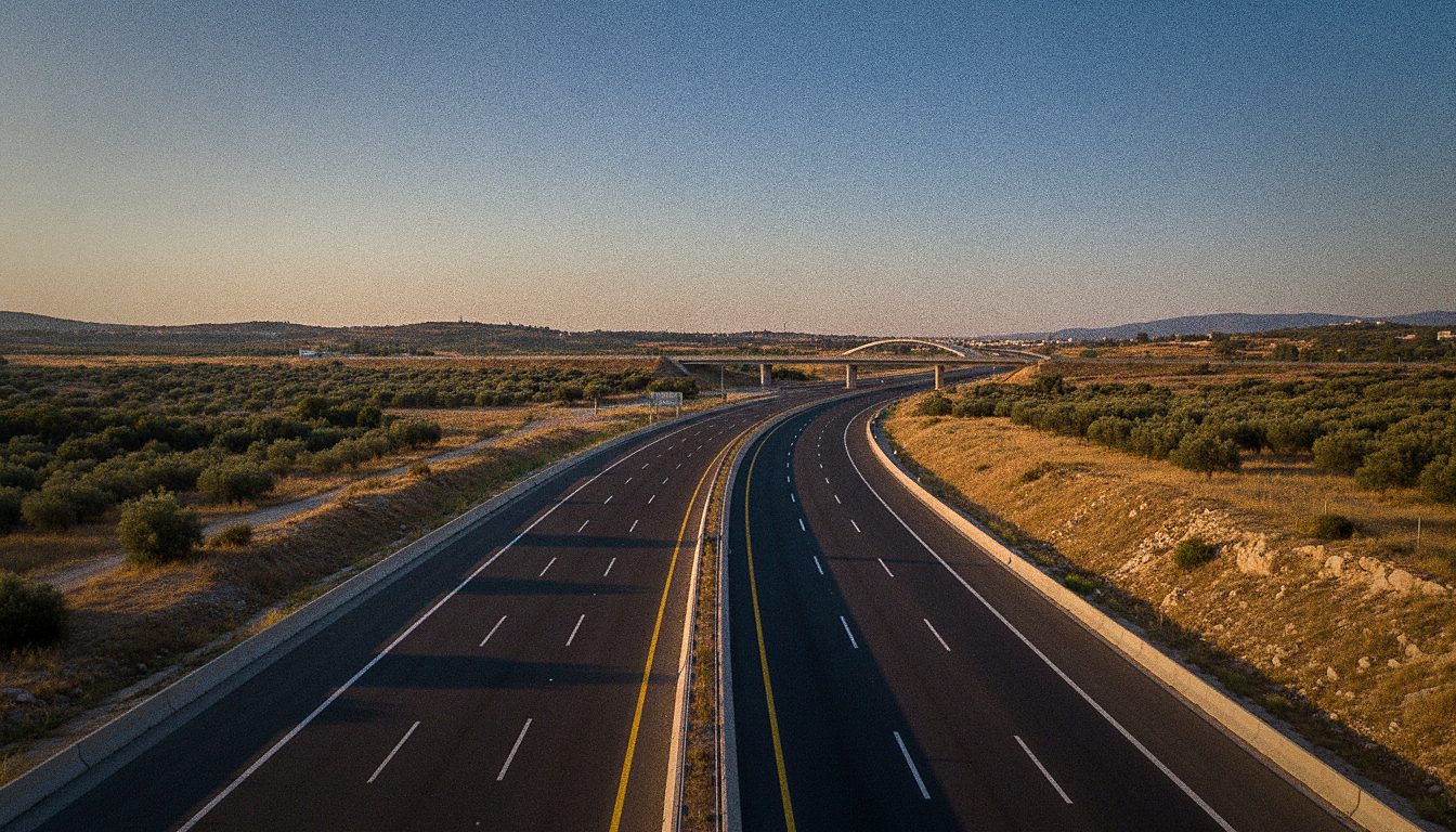 Αυτοκινητόδρομος Αττική Οδός που συνδέει το αεροδρόμιο με το κέντρο της Αθήνας, πρωινό καλοκαιρινό φως