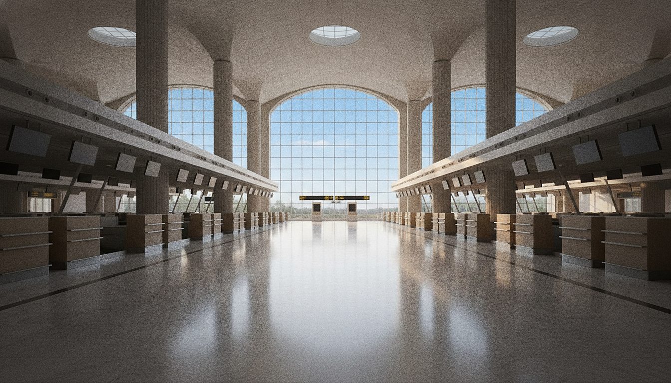 Φωτεινή αίθουσα check-in στον κύριο τερματικό του αεροδρομίου Αθηνών, σειρές θυρίδων