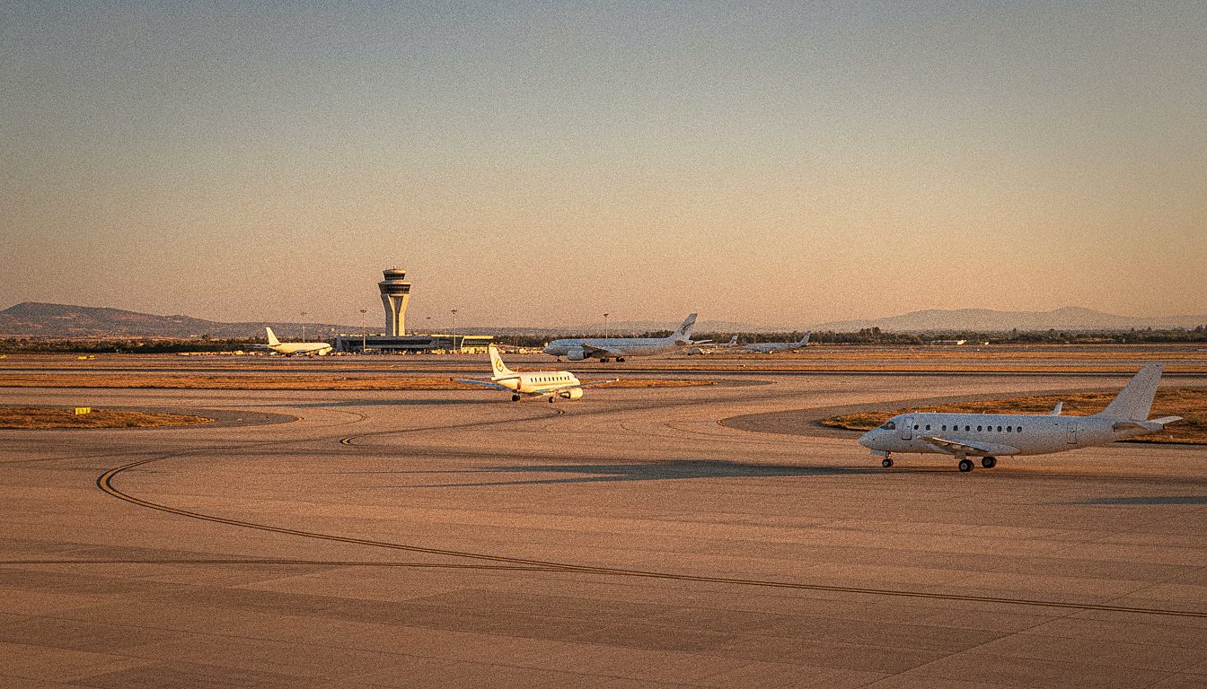 Αεροσκάφος σταθμευμένο στον διάδρομο του αεροδρομίου Αθηνών με καθαρό γαλάζιο ουρανό, πρωινό φως